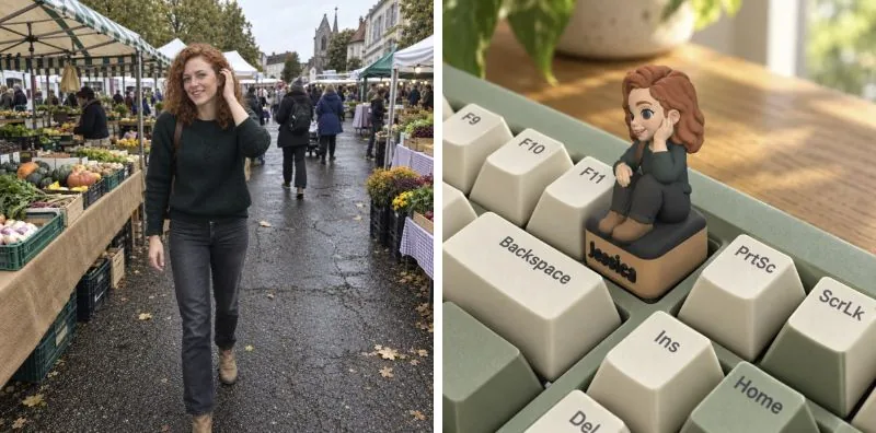 Person reference and matching keycap on a cream and sage keyboard — effect illustration