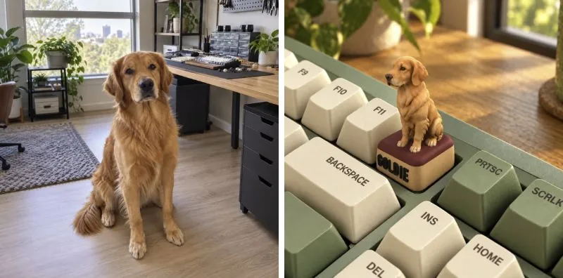 Dog reference and matching keycap on a cream and sage keyboard — effect illustration