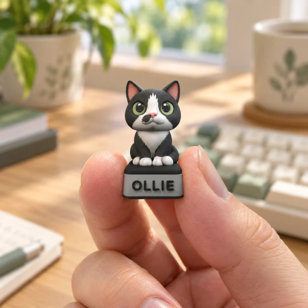 Hand holding an OLLIE cat keycap beside a home workspace