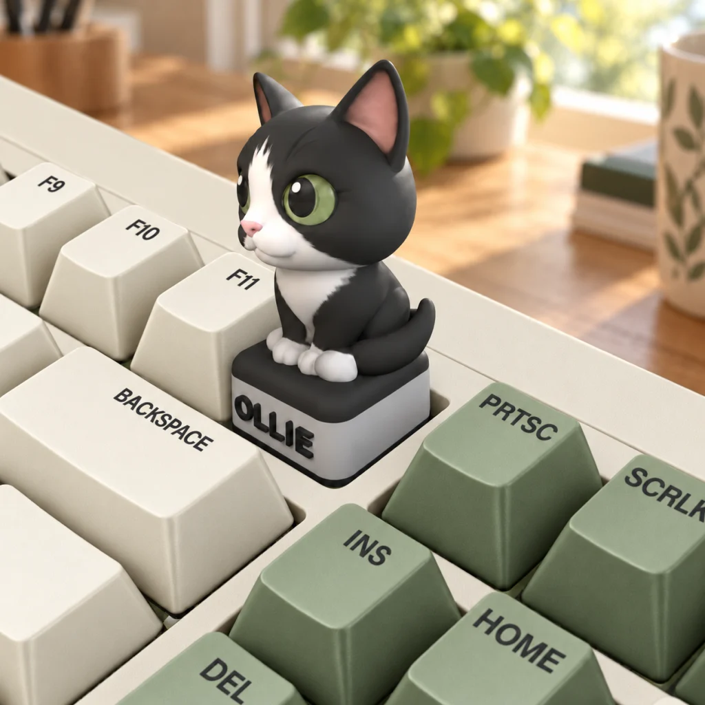 OLLIE cat keycap in the original F12 position on a cream and sage keyboard; realistic workspace background; effect illustration